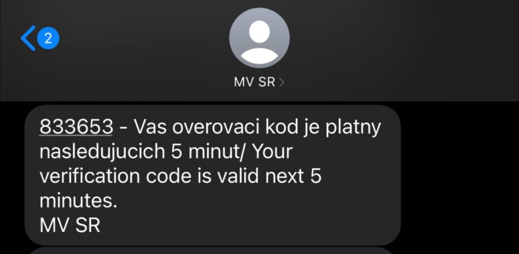 Код подтверждения от Министерства внутренних дел Словакии (MV SR).